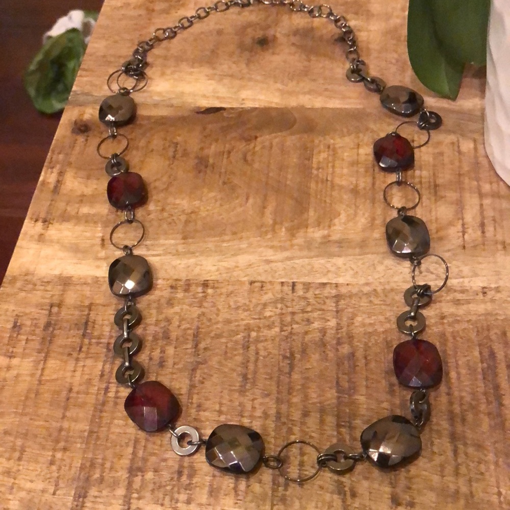 New long red faceted bead and hematite necklace